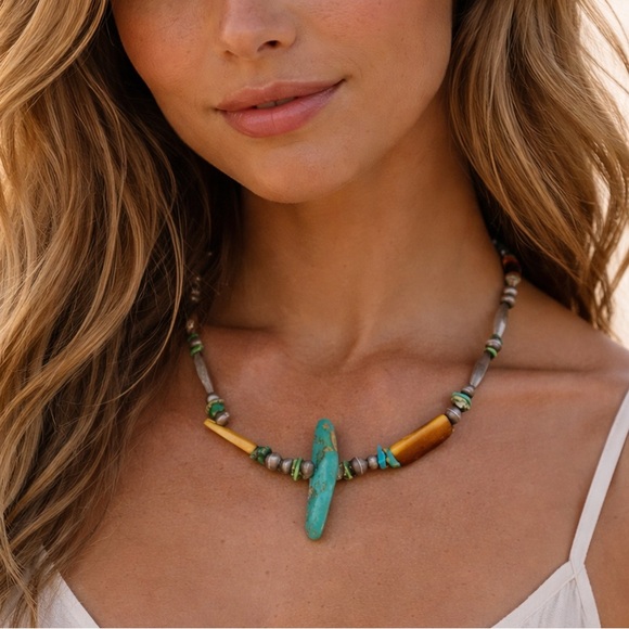 Jewelry - Vintage Navajo Bench beads sterling silver turquoise coral bone? Necklace